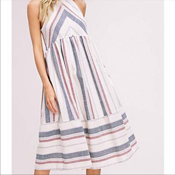 Listicle Striped Halter Babydoll Pocket Midi Dress - Picture 3 of 7